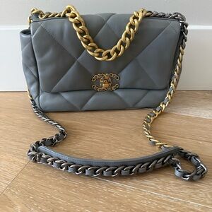 Chanel quilted 19 flap bag size small gray gold and silver chain link crossbody
